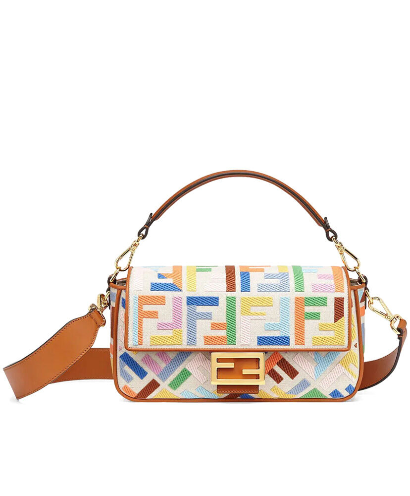 Fendi Medium Baguette FF Canvas Embroidery Shoulder Bag Multicolor/Blue